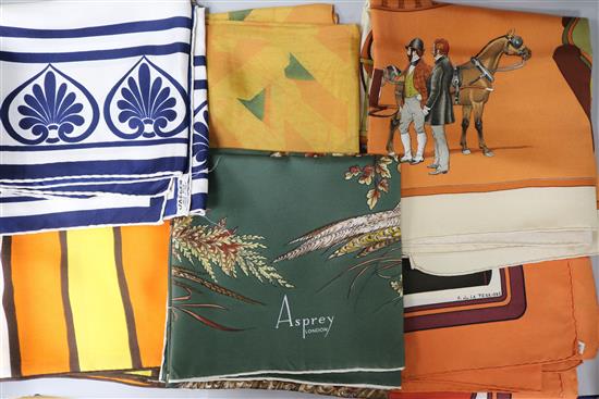 Two Hermes, Paris silk scarves, Les Coupes and Carrossier and four other silk scarves,